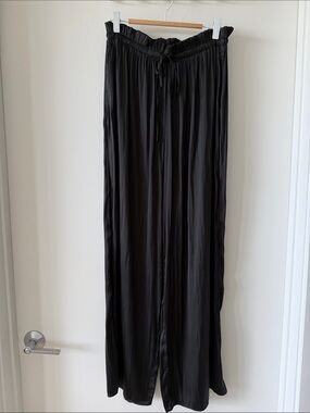 Pookie & Sebastian Black Wide-Leg Drawstring Satin Pants